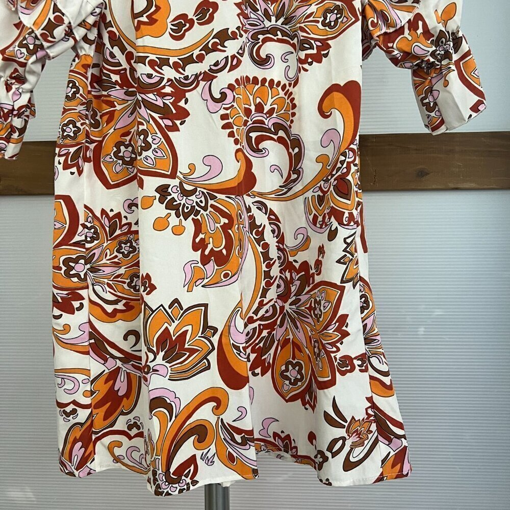 Boho Paisley Floral Ruffle Sleeve Empire Waist Mini Dress Orange Brown White S * - Picture 11 of 13